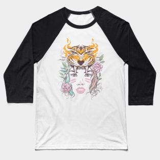 beautiful lady face with tiger head and flowers Baseball T-Shirt